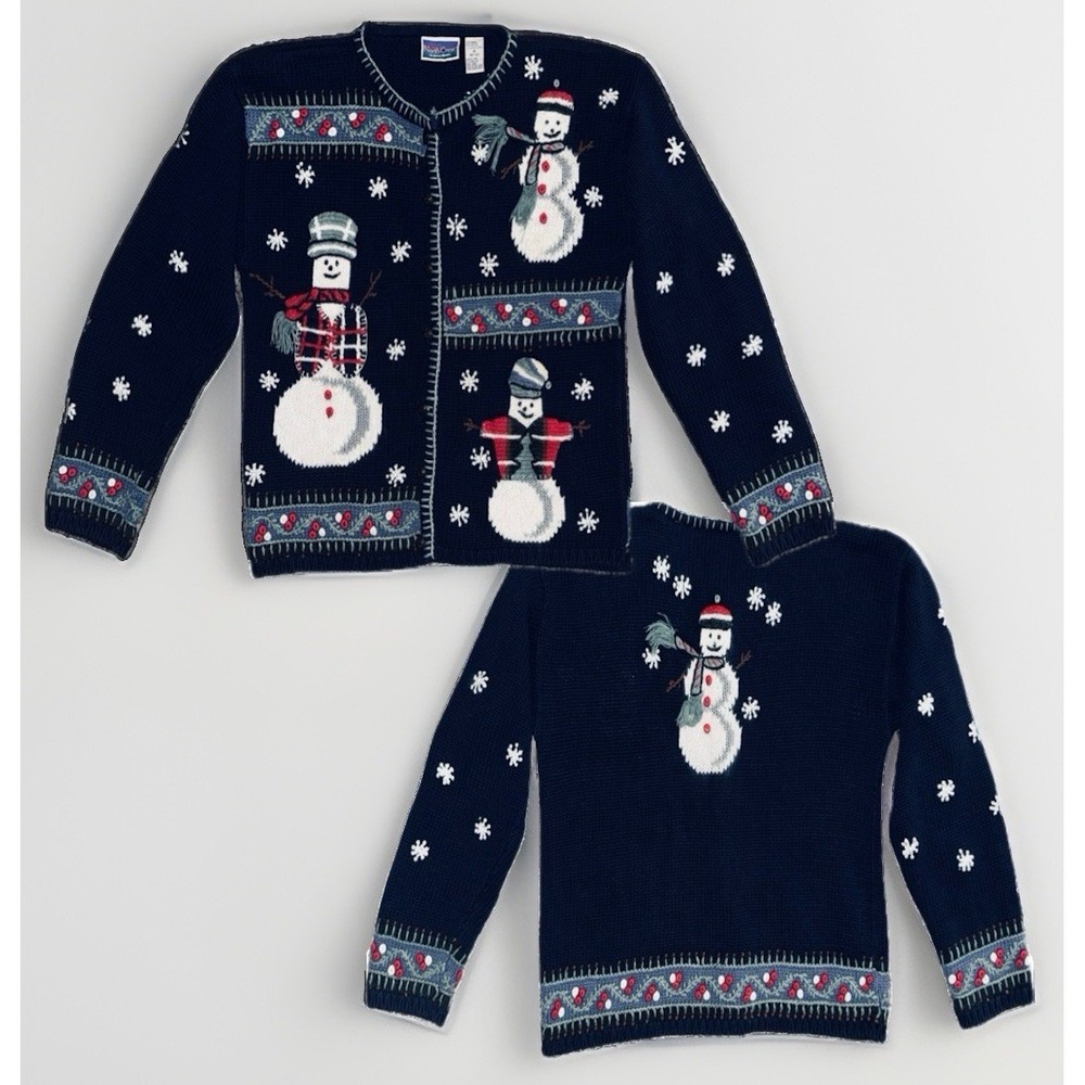 VTG North Crest Snowman 3D Holiday Cardigan M Sweater Navy Blue Cotton 2-Sided
